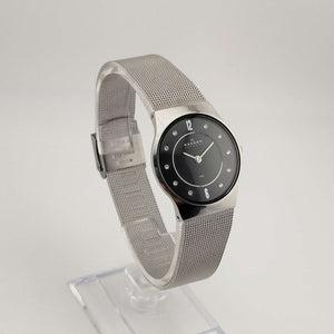 I Like Mikes Mid Century Modern Watches Skagen Unisex Silver Tone Watch, Round Black Dial, Jewel Details, Adjustable Mesh Strap