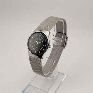 I Like Mikes Mid Century Modern Watches Skagen Unisex Silver Tone Watch, Round Black Dial, Jewel Details, Adjustable Mesh Strap