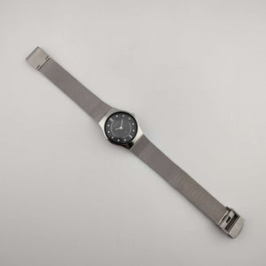 I Like Mikes Mid Century Modern Watches Skagen Unisex Silver Tone Watch, Round Black Dial, Jewel Details, Adjustable Mesh Strap