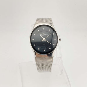 I Like Mikes Mid Century Modern Watches Skagen Unisex Silver Tone Watch, Round Black Dial, Jewel Markers, Adjustable Mesh Strap