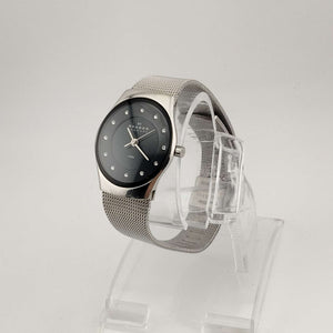 I Like Mikes Mid Century Modern Watches Skagen Unisex Silver Tone Watch, Round Black Dial, Jewel Markers, Adjustable Mesh Strap