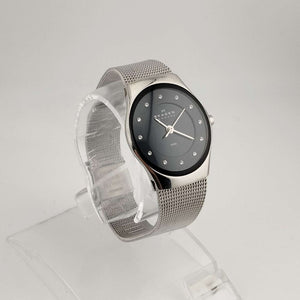 I Like Mikes Mid Century Modern Watches Skagen Unisex Silver Tone Watch, Round Black Dial, Jewel Markers, Adjustable Mesh Strap