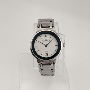 I Like Mikes Mid Century Modern Watches Skagen Unisex Silver Tone Watch, Round Dial, Date Window, Bracelet Strap