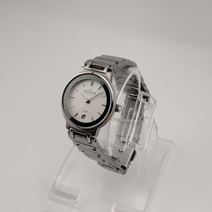 I Like Mikes Mid Century Modern Watches Skagen Unisex Silver Tone Watch, Round Dial, Date Window, Bracelet Strap