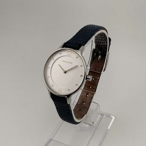 I Like Mikes Mid Century Modern Watches Skagen Unisex Silver Tone Watch, Round White Dial, Jewel Details, Genuine Blue Leather Strap