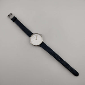I Like Mikes Mid Century Modern Watches Skagen Unisex Silver Tone Watch, Round White Dial, Jewel Details, Genuine Blue Leather Strap
