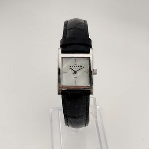 I Like Mikes Mid Century Modern Watches Skagen Unisex Silver Tone Watch, Square Mother of Pearl Dial, Genuine Black Leather Strap
