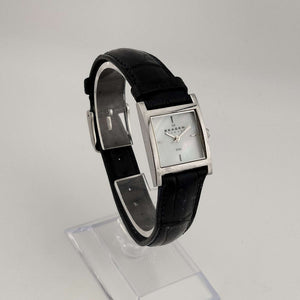 I Like Mikes Mid Century Modern Watches Skagen Unisex Silver Tone Watch, Square Mother of Pearl Dial, Genuine Black Leather Strap