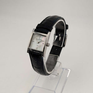 I Like Mikes Mid Century Modern Watches Skagen Unisex Silver Tone Watch, Square Mother of Pearl Dial, Genuine Black Leather Strap