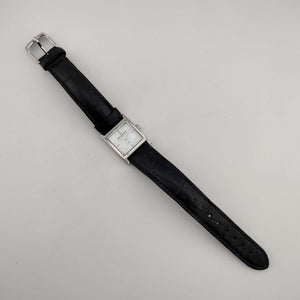 I Like Mikes Mid Century Modern Watches Skagen Unisex Silver Tone Watch, Square Mother of Pearl Dial, Genuine Black Leather Strap