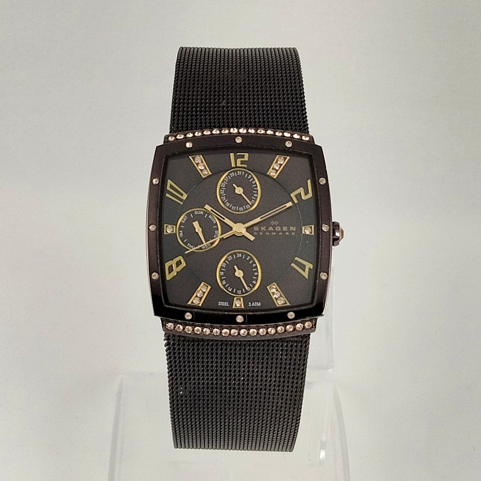 I Like Mikes Mid Century Modern Watches Skagen Unisex Stainless Steel Dark Brown Chronograph Watch, Gold Tone and Jewel Details, Mesh Strap