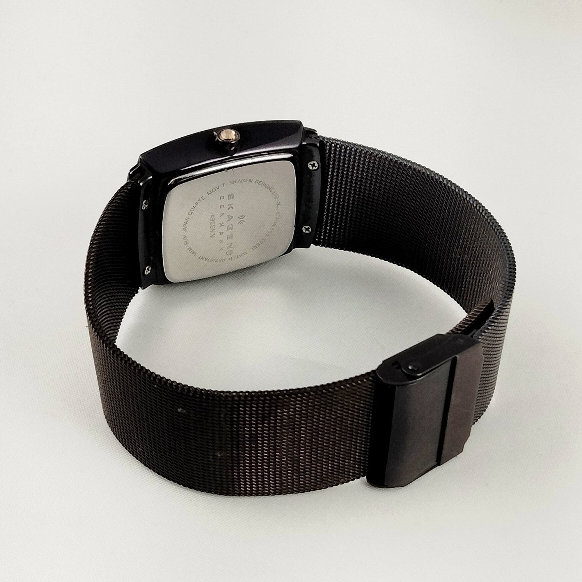 I Like Mikes Mid Century Modern Watches Skagen Unisex Stainless Steel Dark Brown Chronograph Watch, Gold Tone and Jewel Details, Mesh Strap