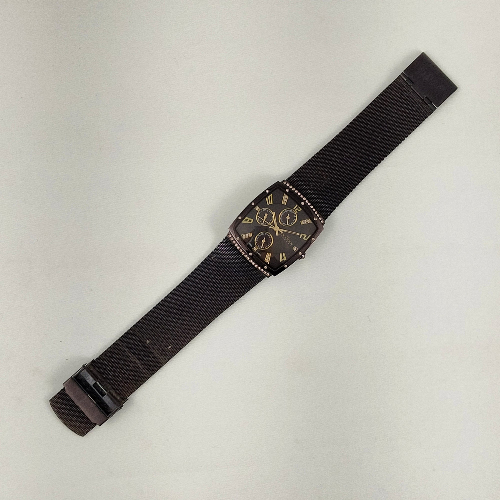 I Like Mikes Mid Century Modern Watches Skagen Unisex Stainless Steel Dark Brown Chronograph Watch, Gold Tone and Jewel Details, Mesh Strap