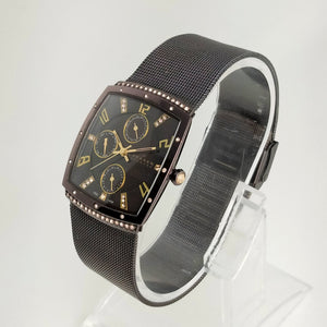 I Like Mikes Mid Century Modern Watches Skagen Unisex Stainless Steel Dark Brown Chronograph Watch, Gold Tone and Jewel Details, Mesh Strap