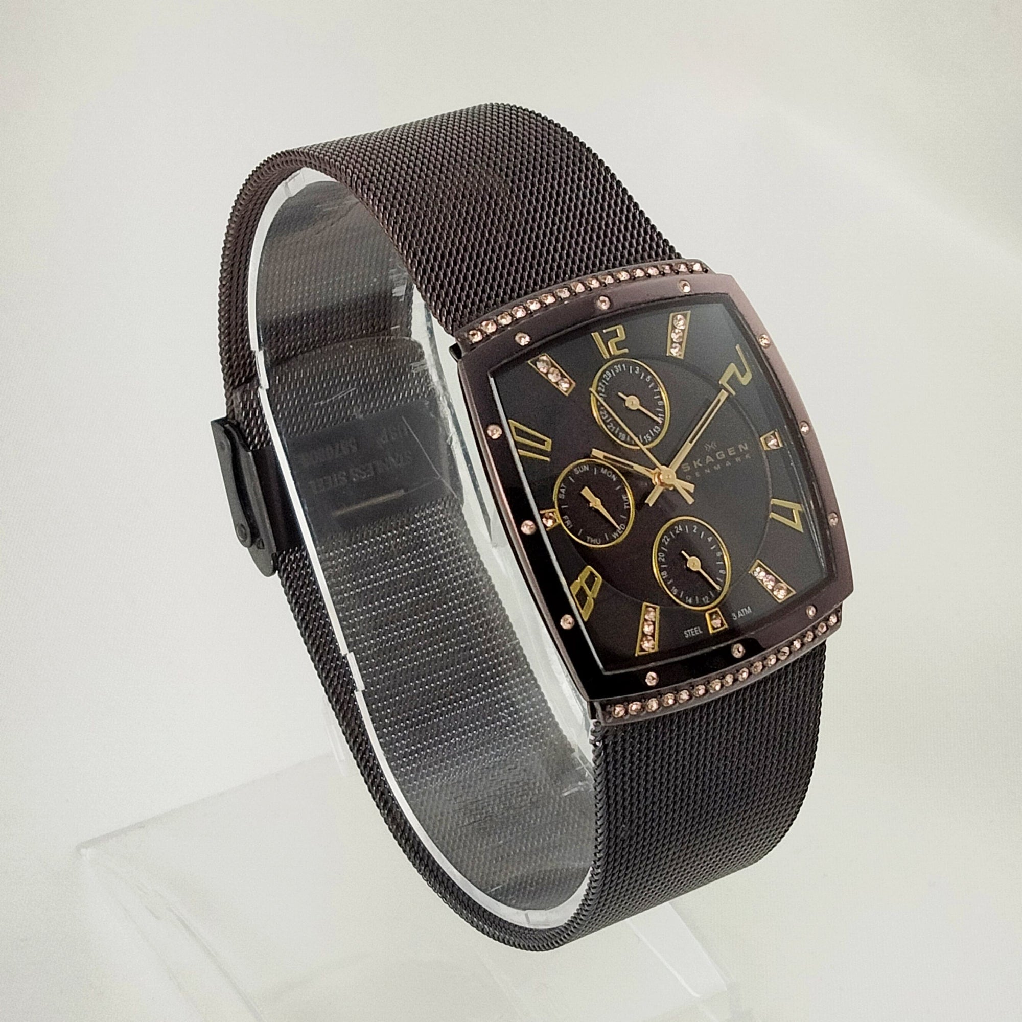 I Like Mikes Mid Century Modern Watches Skagen Unisex Stainless Steel Dark Brown Chronograph Watch, Gold Tone and Jewel Details, Mesh Strap