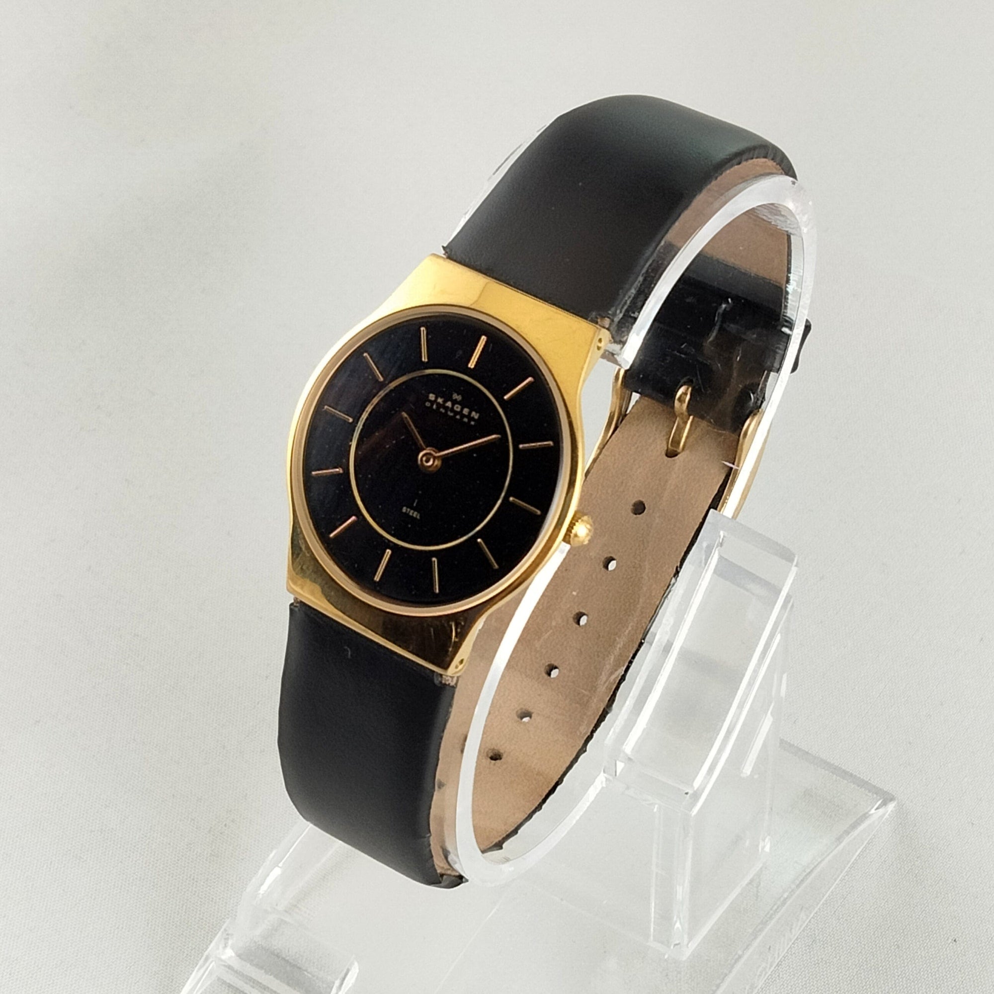 I Like Mikes Mid Century Modern Watches Skagen Unisex Stainless Steel Gold Tone Watch, Black Dial, Black Genuine Leather Strap