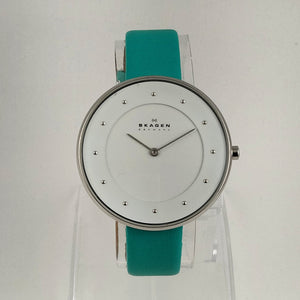 I Like Mikes Mid Century Modern Watches Skagen Unisex Stainless Steel Oversized Watch, Dot Hour Markers, Turquoise Genuine Leather Strap