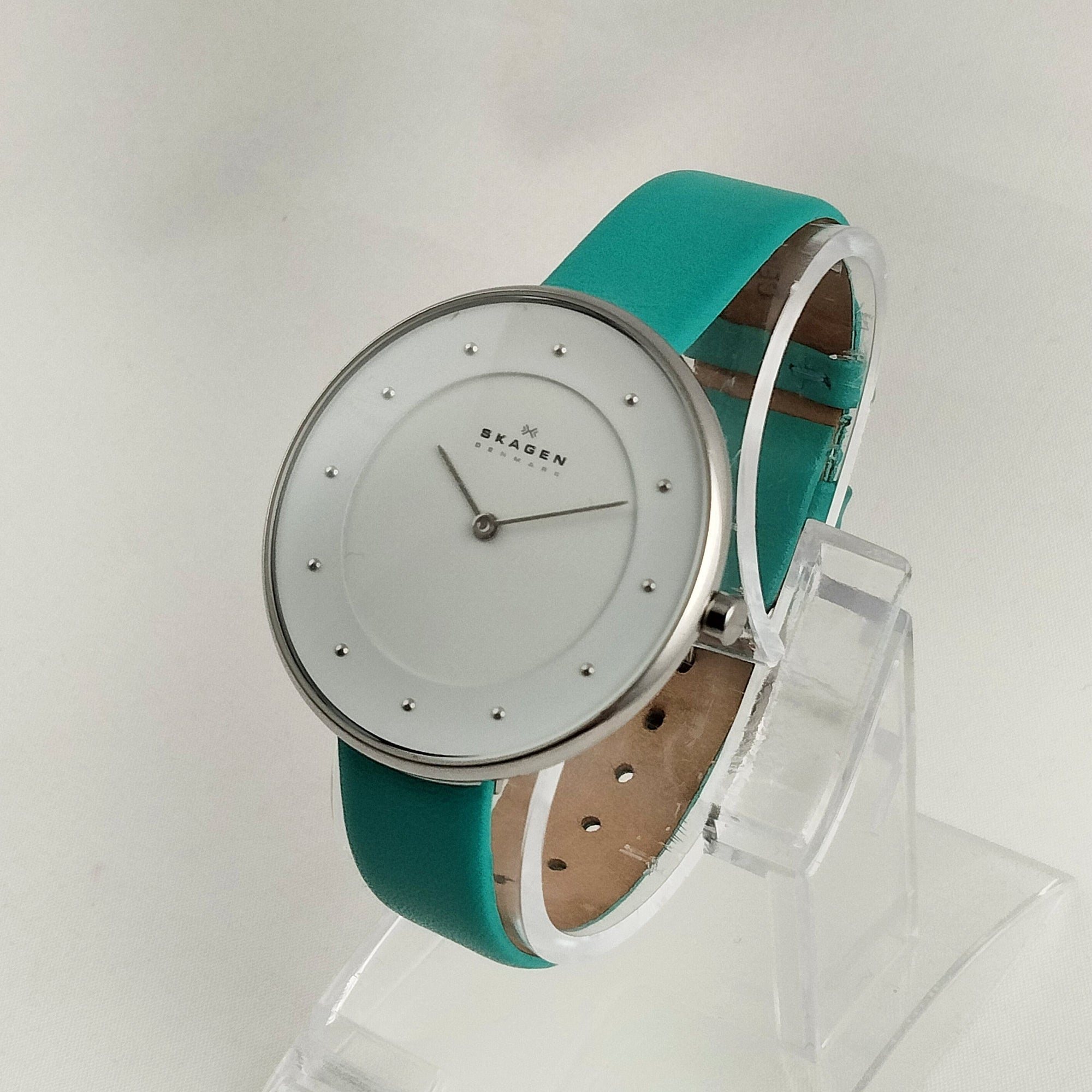 I Like Mikes Mid Century Modern Watches Skagen Unisex Stainless Steel Oversized Watch, Dot Hour Markers, Turquoise Genuine Leather Strap