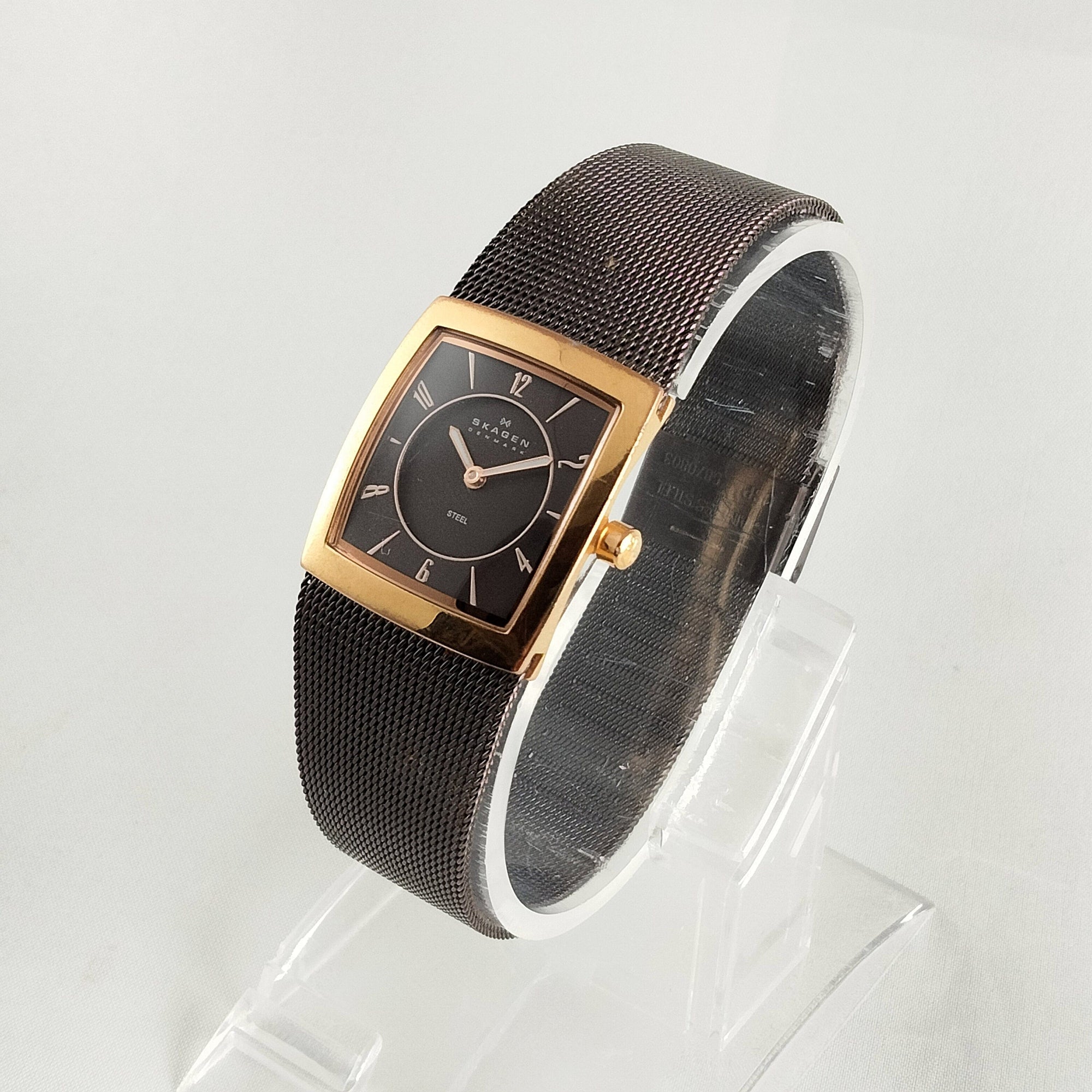 I Like Mikes Mid Century Modern Watches Skagen Unisex Stainless Steel Square Watch, Dark Brown Dial and Mesh Strap, Gold Tone Details