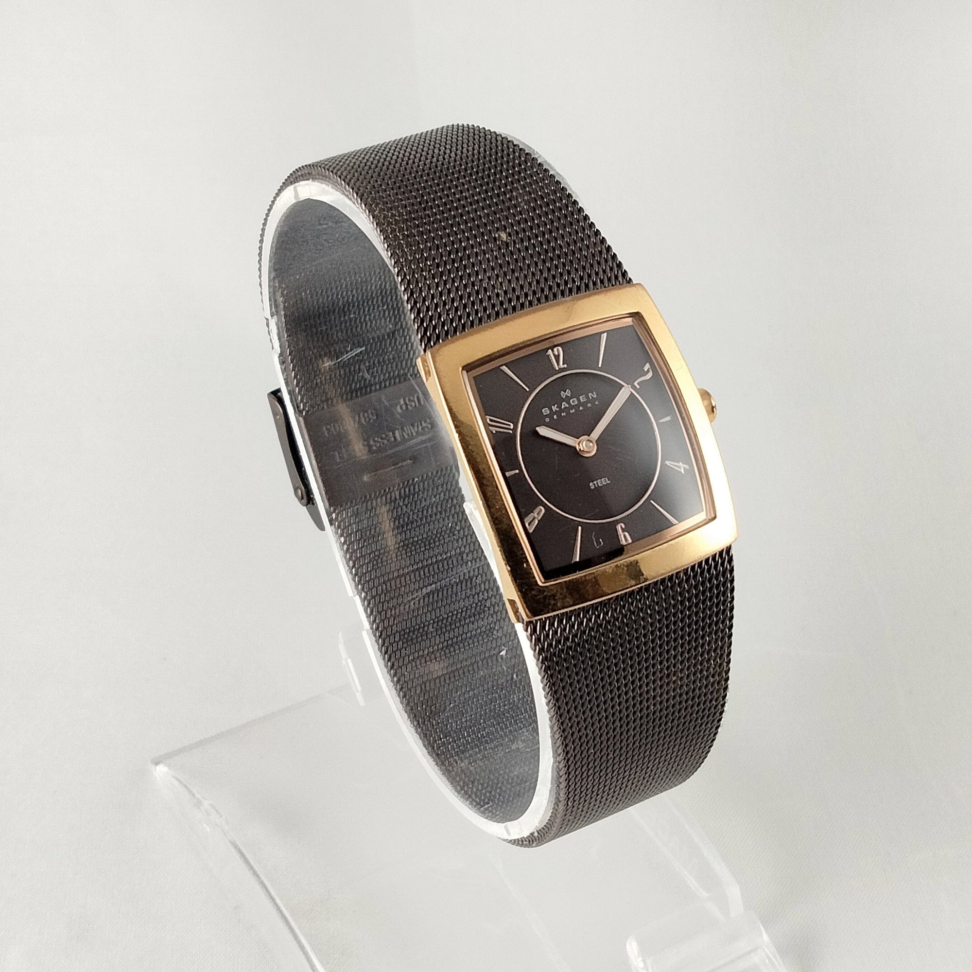 I Like Mikes Mid Century Modern Watches Skagen Unisex Stainless Steel Square Watch, Dark Brown Dial and Mesh Strap, Gold Tone Details