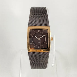 I Like Mikes Mid Century Modern Watches Skagen Unisex Stainless Steel Square Watch, Dark Brown Dial and Mesh Strap, Gold Tone Details