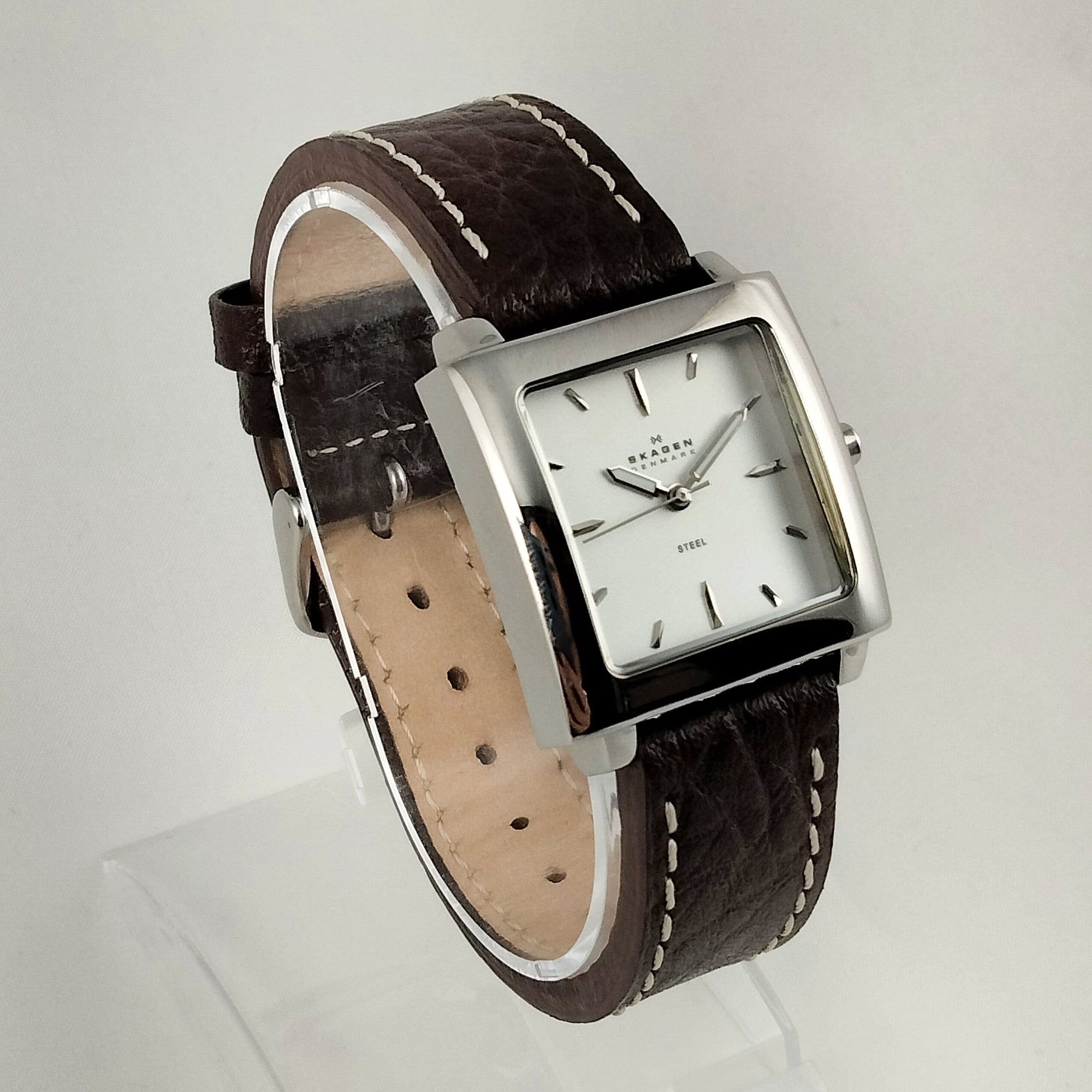 I Like Mikes Mid Century Modern Watches Skagen Unisex Stainless Steel Square Watch, Dark Brown Genuine Leather Strap with White Stitching