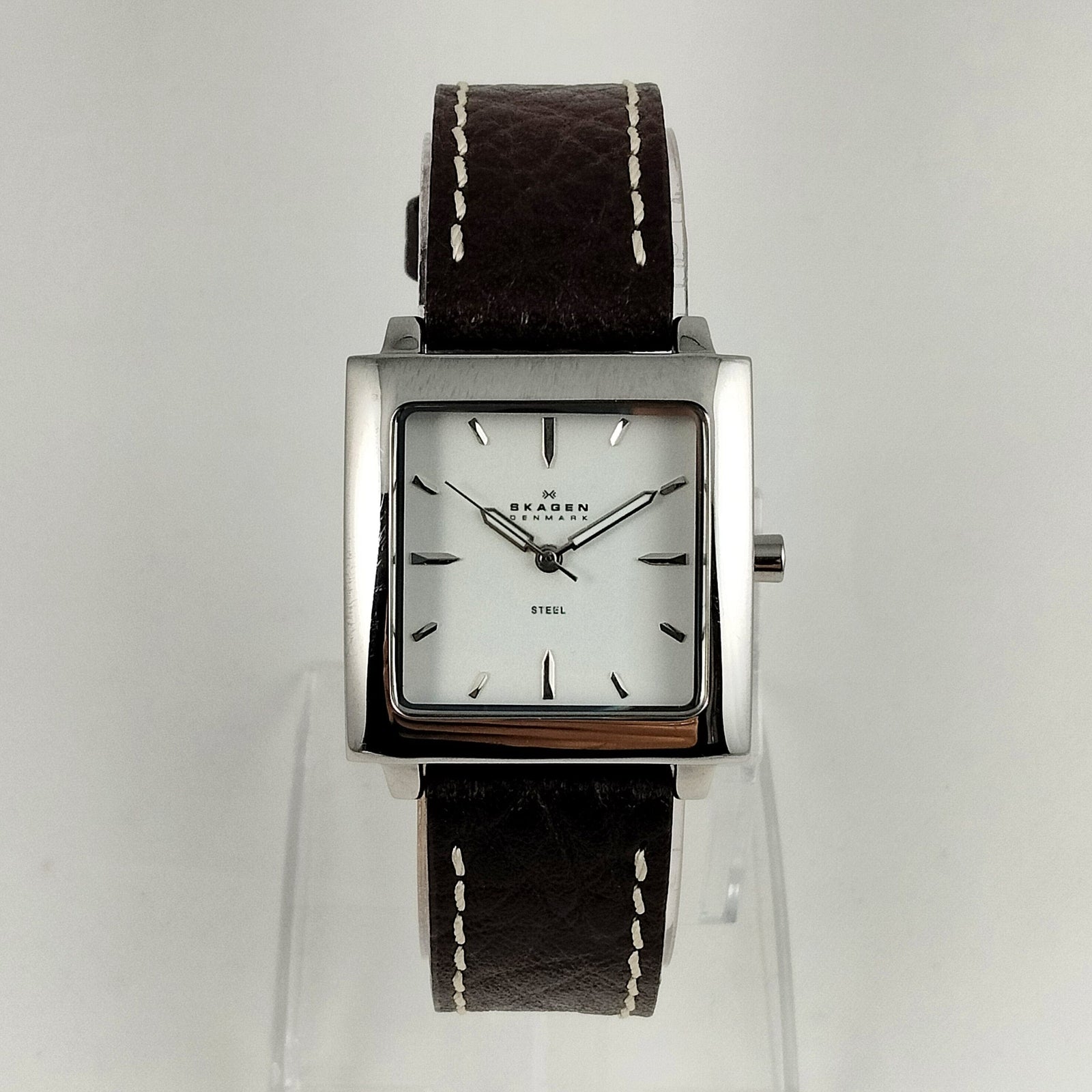 I Like Mikes Mid Century Modern Watches Skagen Unisex Stainless Steel Square Watch, Dark Brown Genuine Leather Strap with White Stitching