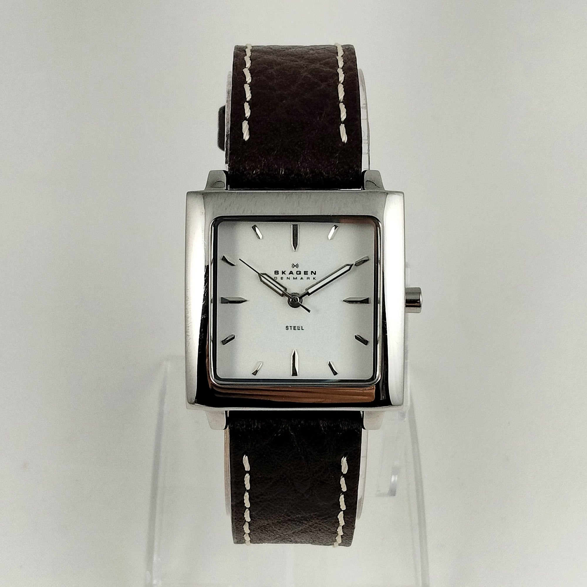 I Like Mikes Mid Century Modern Watches Skagen Unisex Stainless Steel Square Watch, Dark Brown Genuine Leather Strap with White Stitching