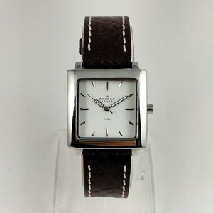 I Like Mikes Mid Century Modern Watches Skagen Unisex Stainless Steel Square Watch, Dark Brown Genuine Leather Strap with White Stitching
