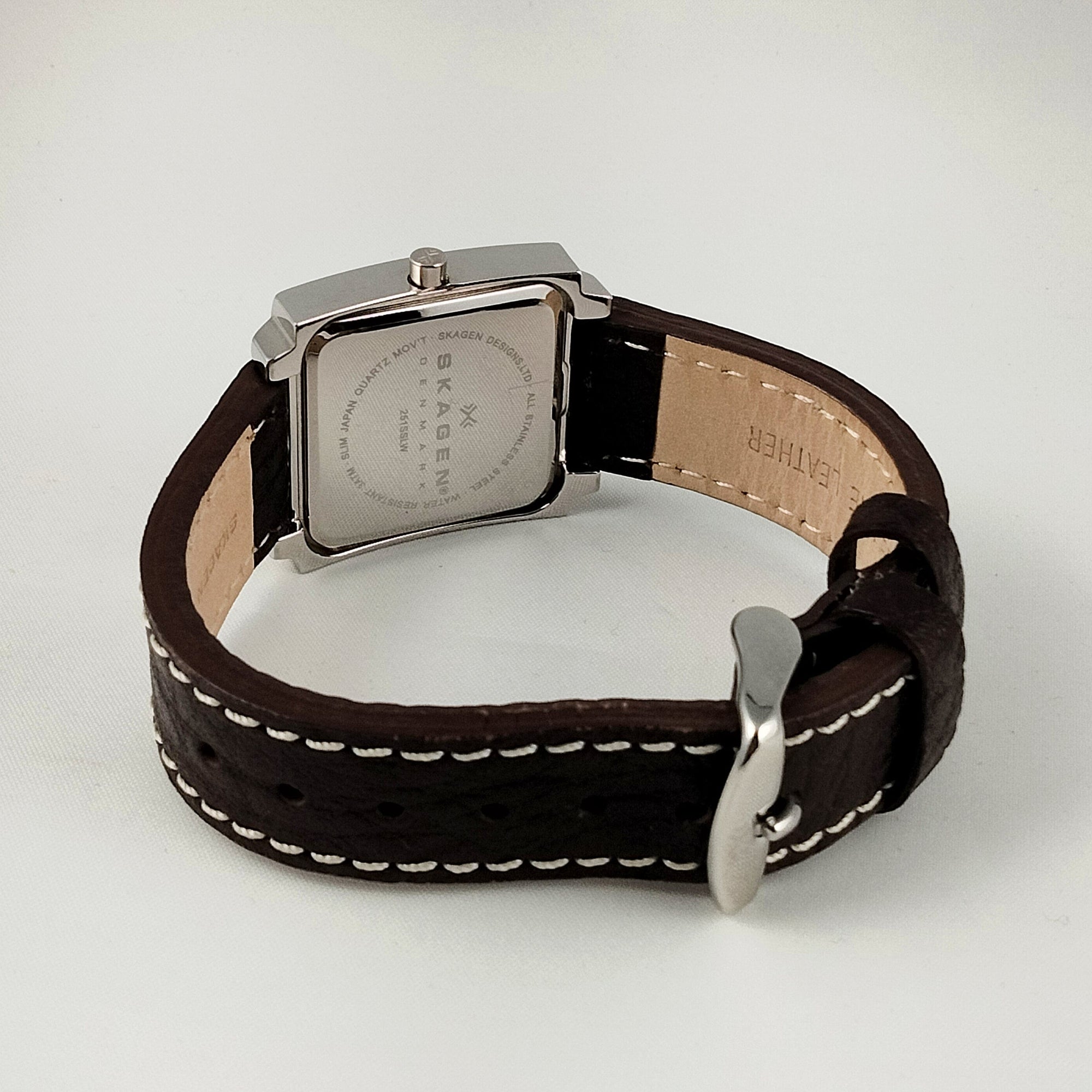 I Like Mikes Mid Century Modern Watches Skagen Unisex Stainless Steel Square Watch, Dark Brown Genuine Leather Strap with White Stitching