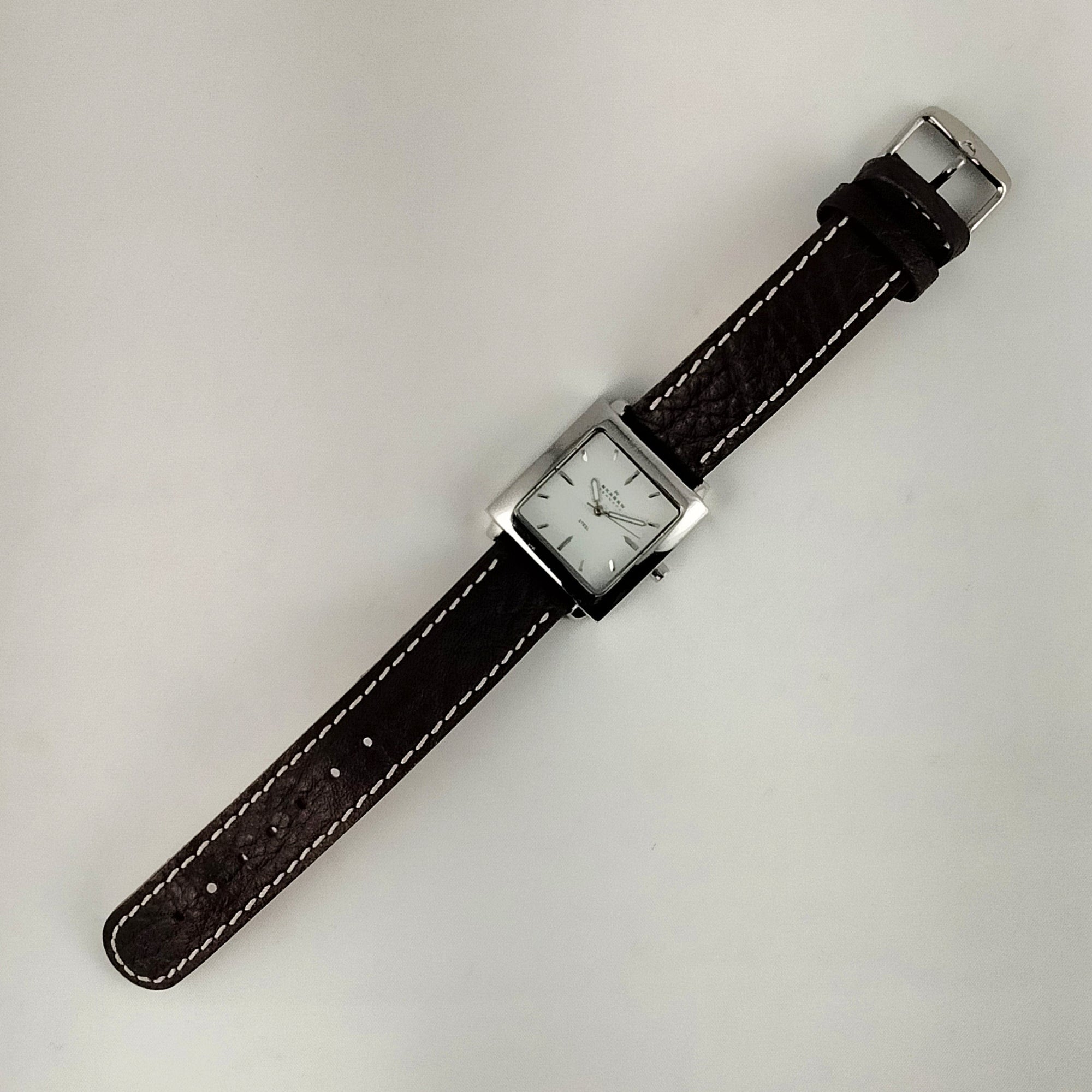 I Like Mikes Mid Century Modern Watches Skagen Unisex Stainless Steel Square Watch, Dark Brown Genuine Leather Strap with White Stitching