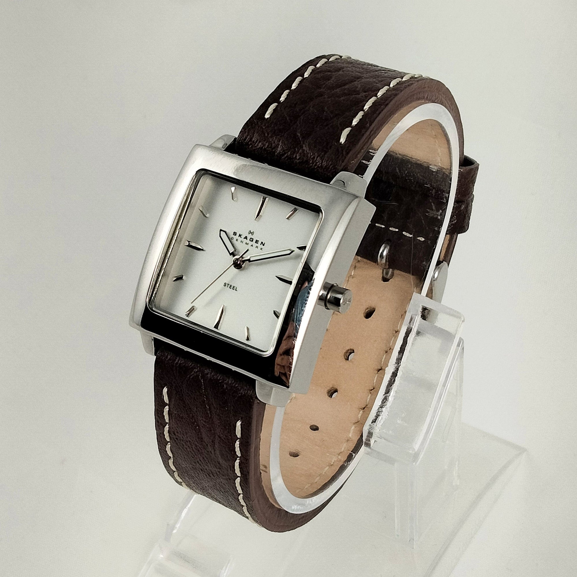 I Like Mikes Mid Century Modern Watches Skagen Unisex Stainless Steel Square Watch, Dark Brown Genuine Leather Strap with White Stitching