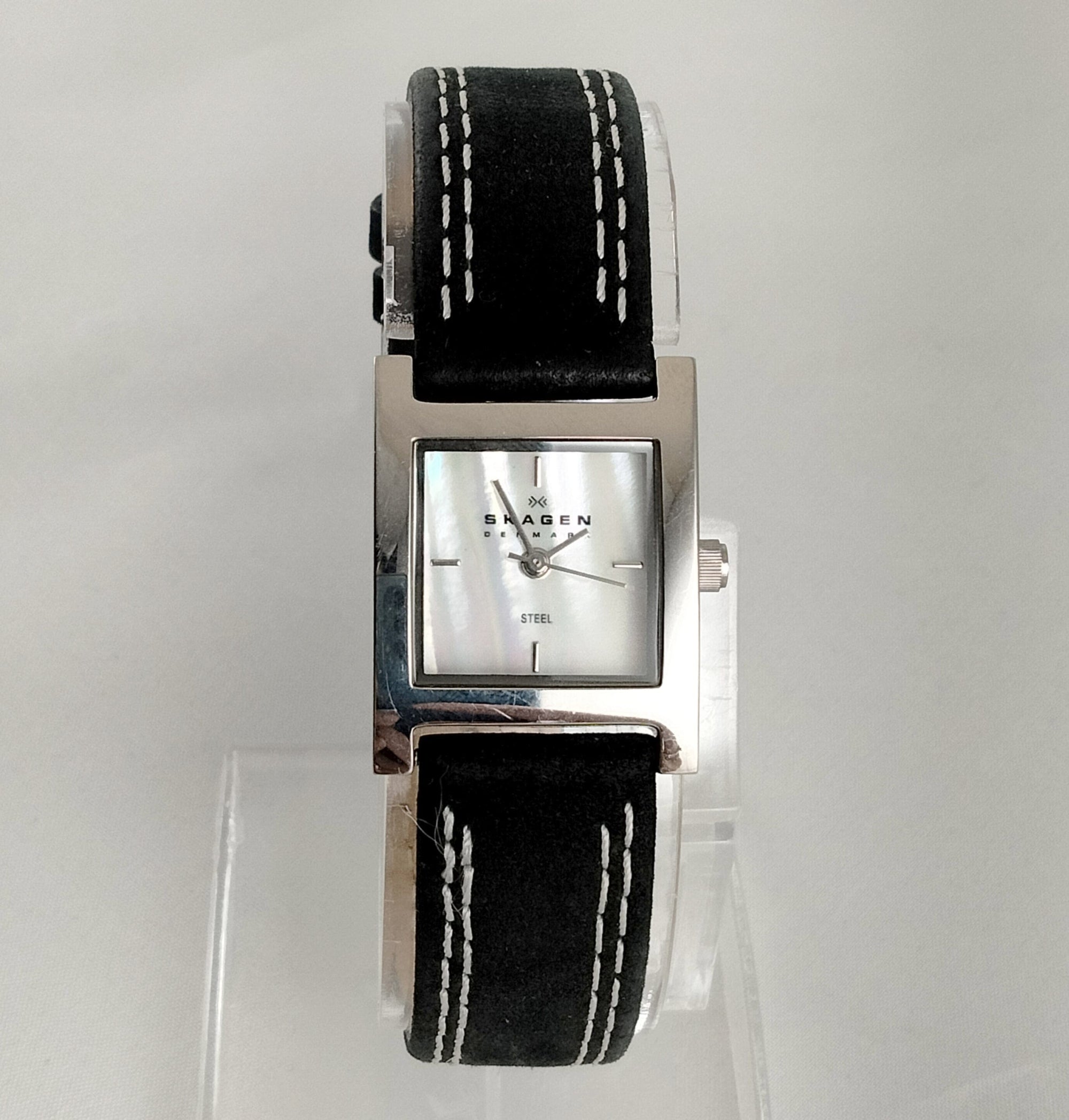 I Like Mikes Mid Century Modern Watches Skagen Unisex Stainless Steel Square Watch, Mother of Pearl Dial, Black Suede Strap with White Stitching