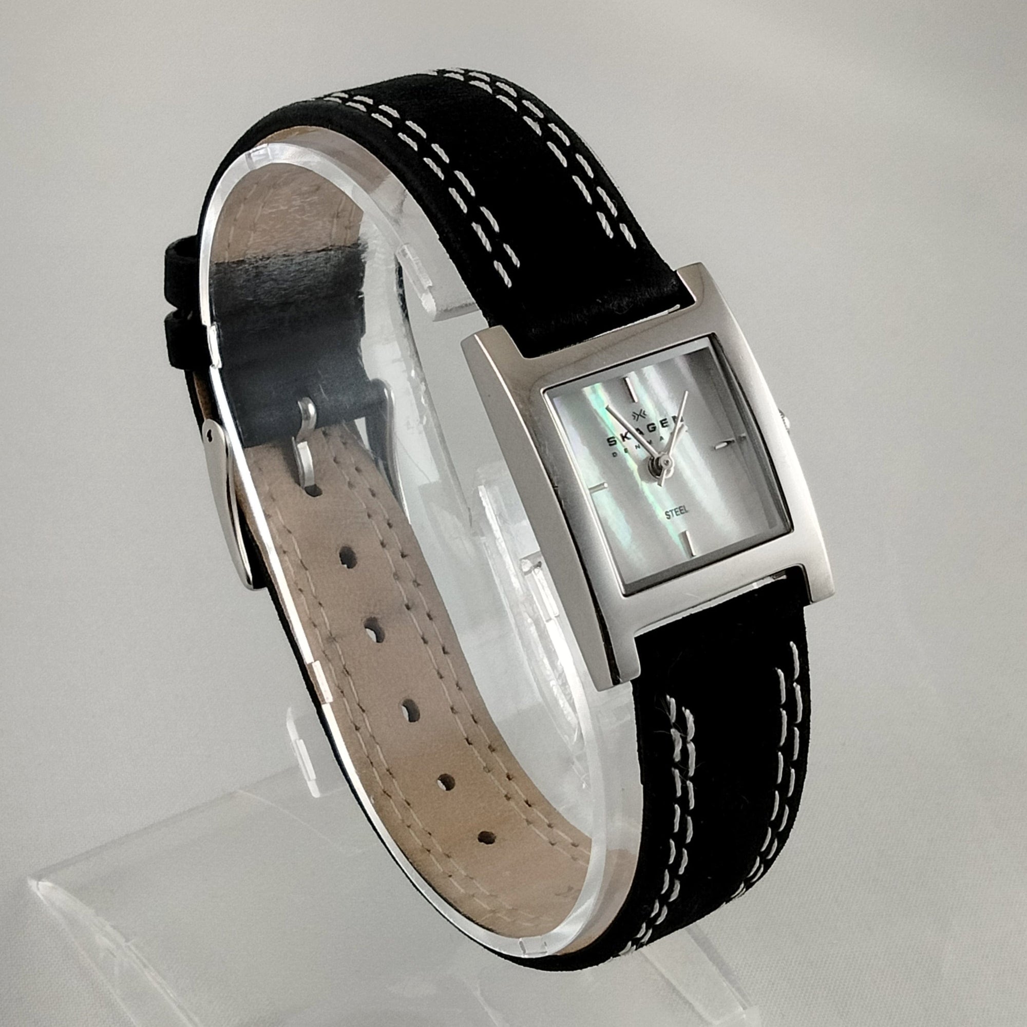 I Like Mikes Mid Century Modern Watches Skagen Unisex Stainless Steel Square Watch, Mother of Pearl Dial, Black Suede Strap with White Stitching