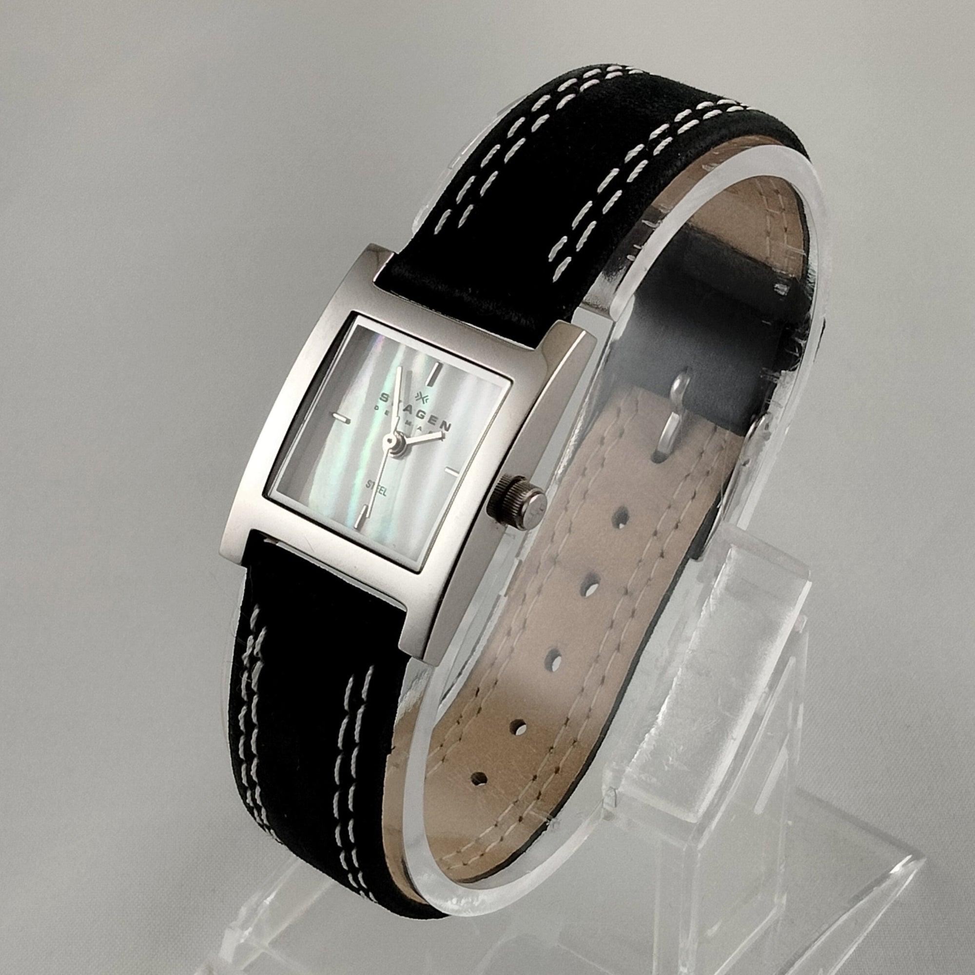 I Like Mikes Mid Century Modern Watches Skagen Unisex Stainless Steel Square Watch, Mother of Pearl Dial, Black Suede Strap with White Stitching