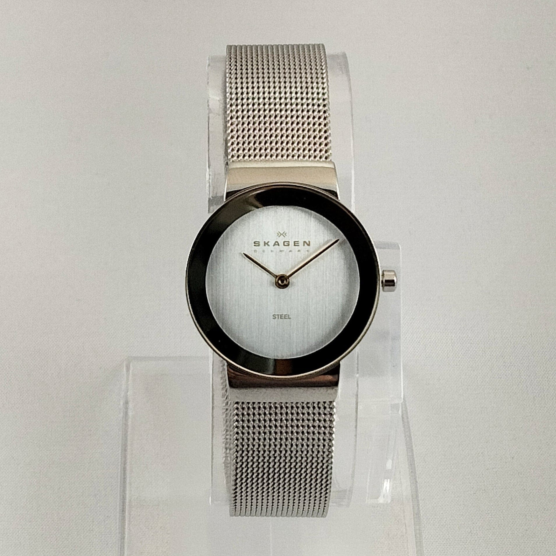 I Like Mikes Mid Century Modern Watches Skagen Unisex Stainless Steel Watch, Gold Tone Border and Hands, Clean Face Design, Mesh Strap