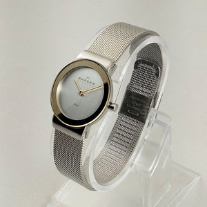 I Like Mikes Mid Century Modern Watches Skagen Unisex Stainless Steel Watch, Gold Tone Border and Hands, Clean Face Design, Mesh Strap