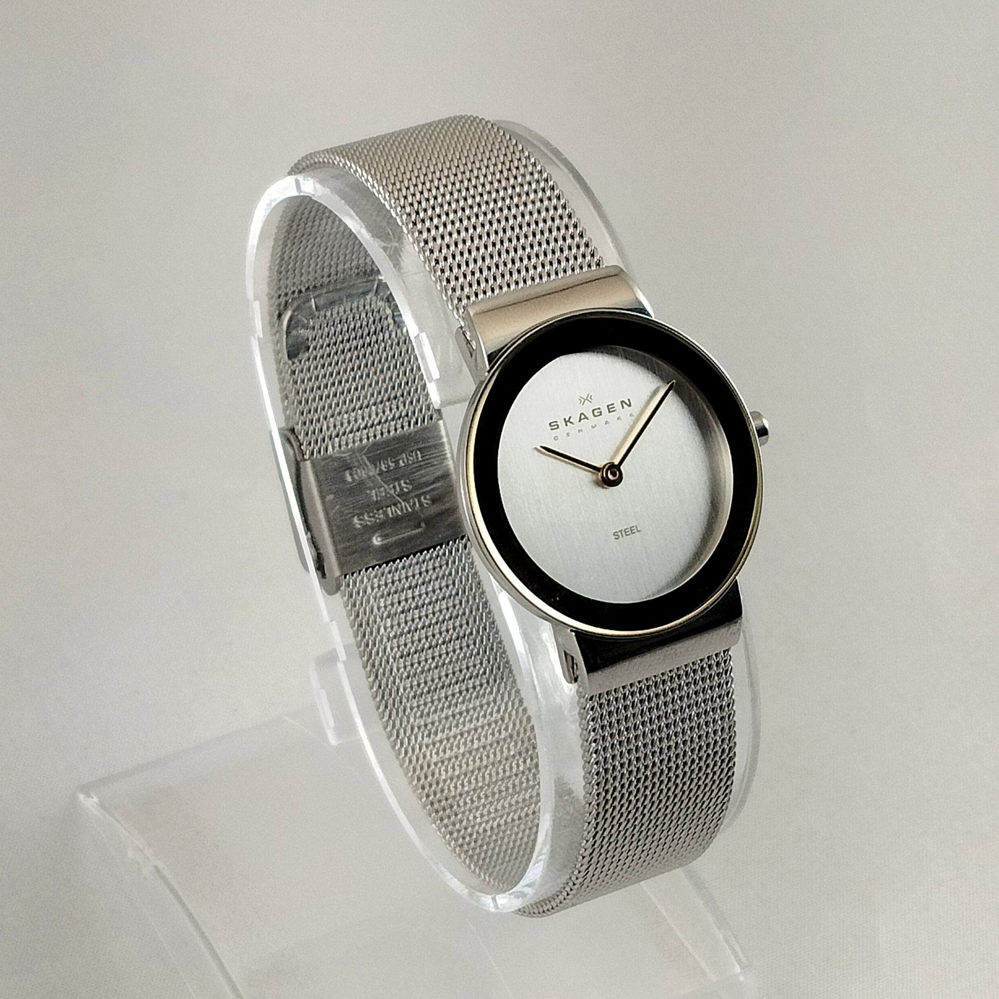 I Like Mikes Mid Century Modern Watches Skagen Unisex Stainless Steel Watch, Gold Tone Border and Hands, Clean Face Design, Mesh Strap