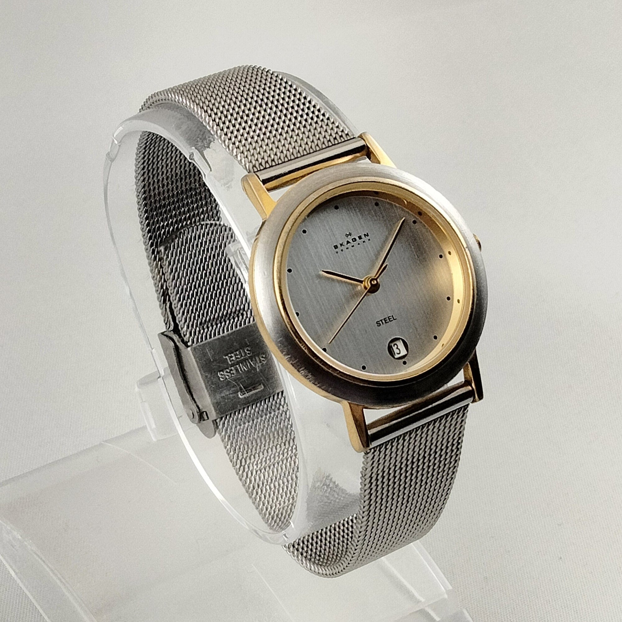 I Like Mikes Mid Century Modern Watches Skagen Unisex Stainless Steel Watch, Gold Tone Details, Date Window, Mesh Strap