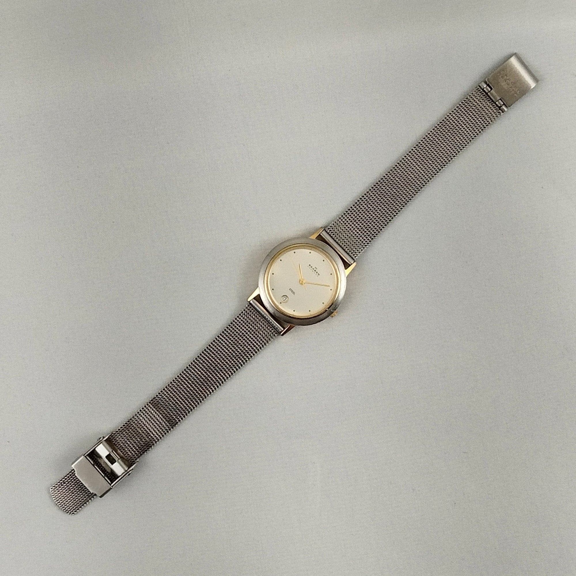 I Like Mikes Mid Century Modern Watches Skagen Unisex Stainless Steel Watch, Gold Tone Details, Date Window, Mesh Strap