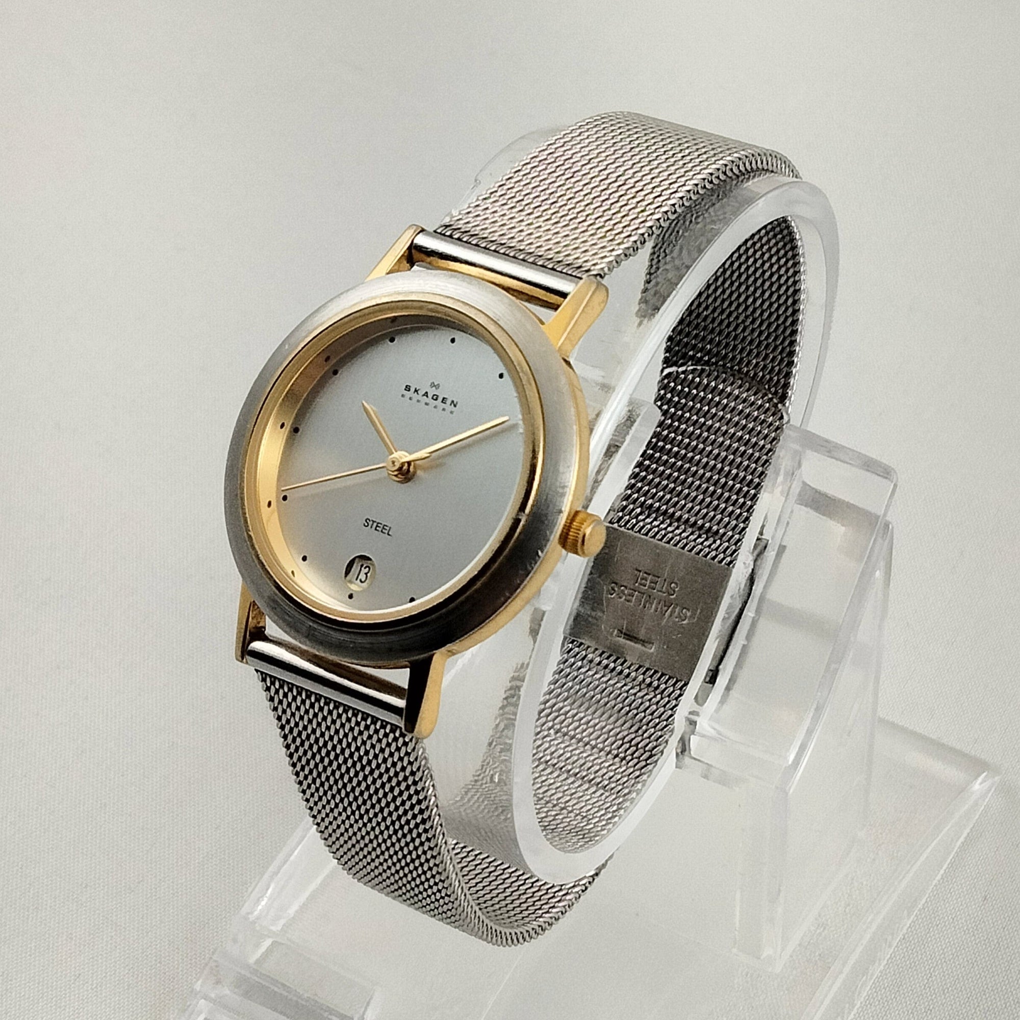 I Like Mikes Mid Century Modern Watches Skagen Unisex Stainless Steel Watch, Gold Tone Details, Date Window, Mesh Strap