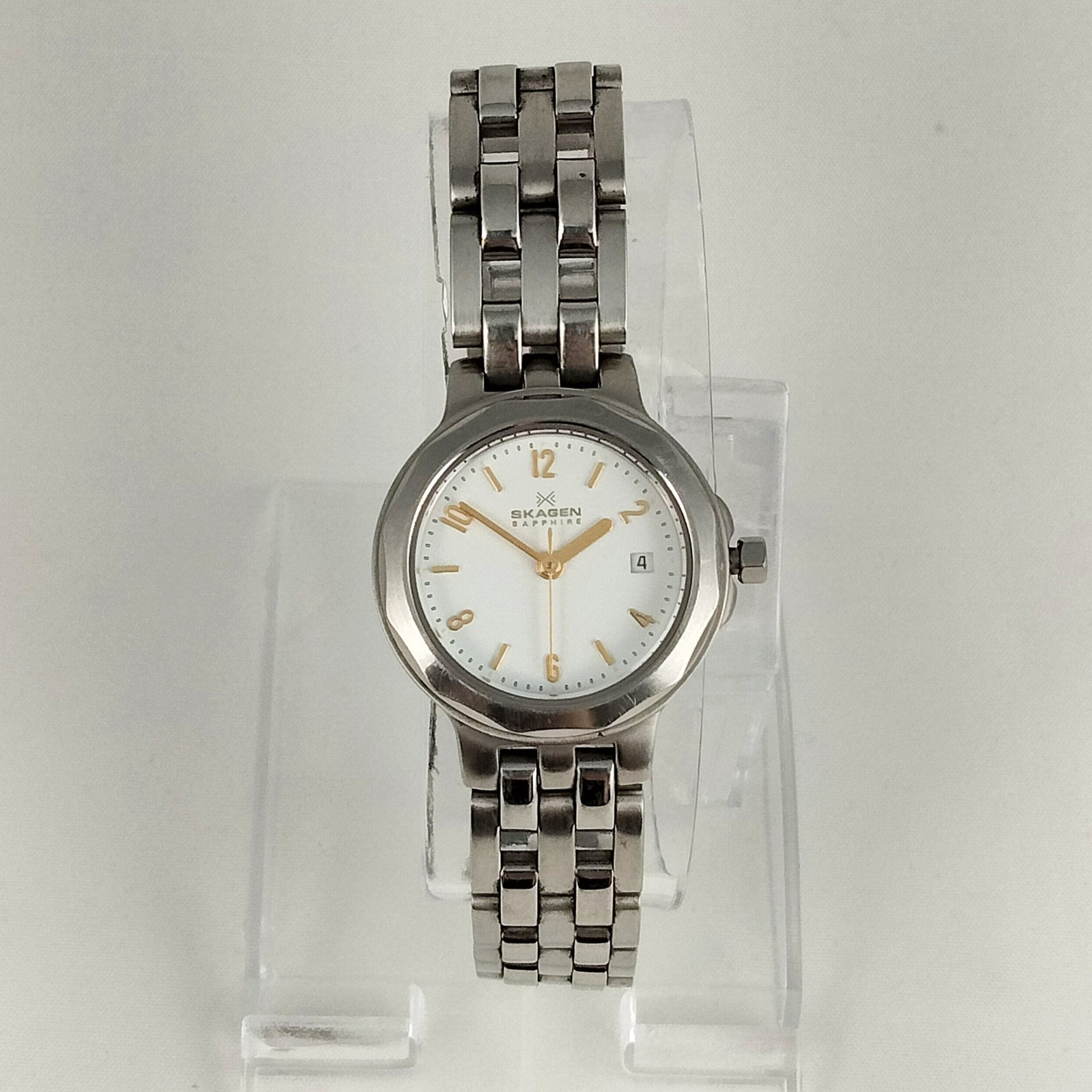 I Like Mikes Mid Century Modern Watches Skagen Unisex Stainless Steel Watch, Gold Tone Hands and Hour Markers, Bracelet Strap