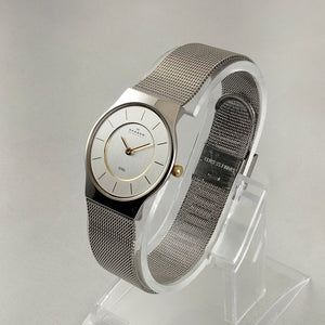 I Like Mikes Mid Century Modern Watches Skagen Unisex Stainless Steel Watch, Gold Tone Hour Markers, Hands and Crown, Mesh Strap