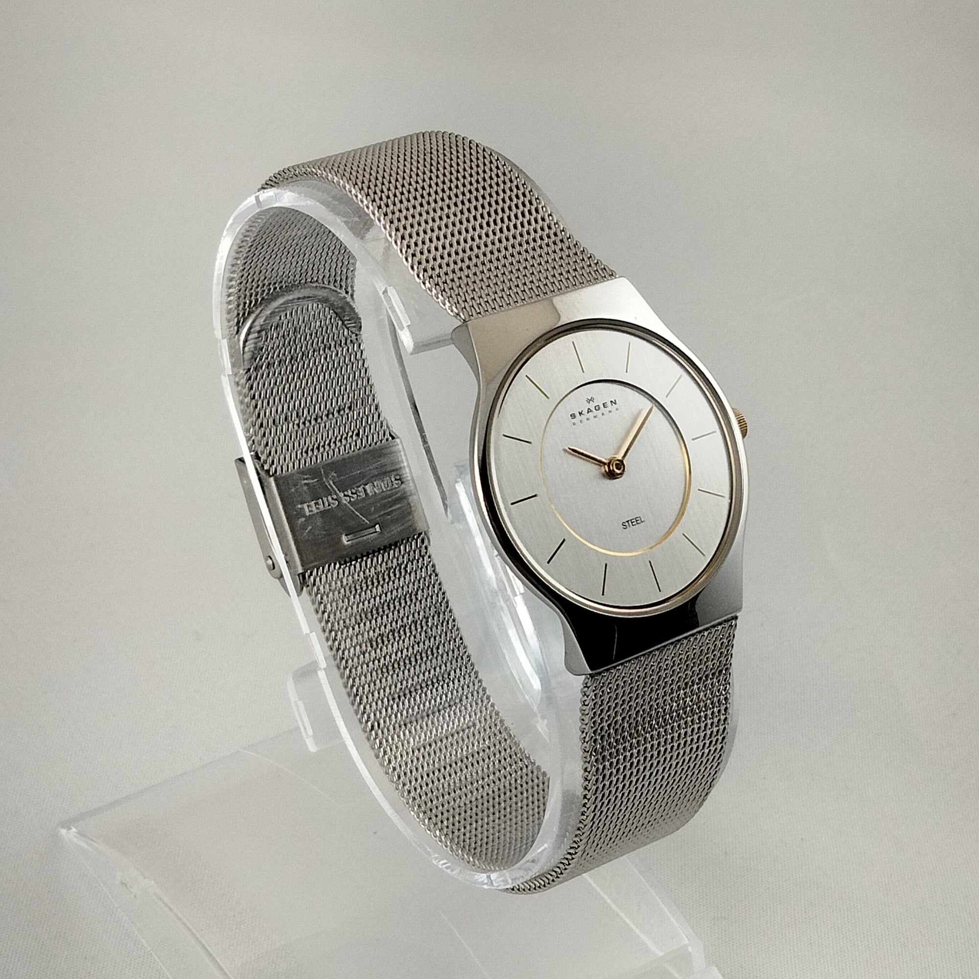 I Like Mikes Mid Century Modern Watches Skagen Unisex Stainless Steel Watch, Gold Tone Hour Markers, Hands and Crown, Mesh Strap