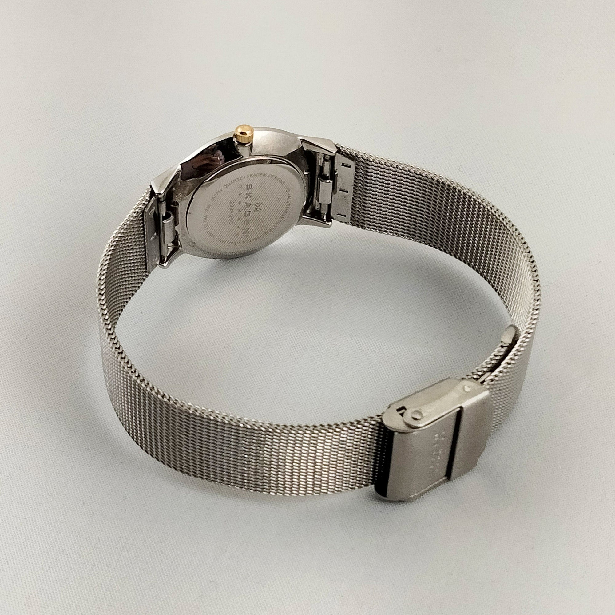 I Like Mikes Mid Century Modern Watches Skagen Unisex Stainless Steel Watch, Gold Tone Hour Markers, Hands and Crown, Mesh Strap
