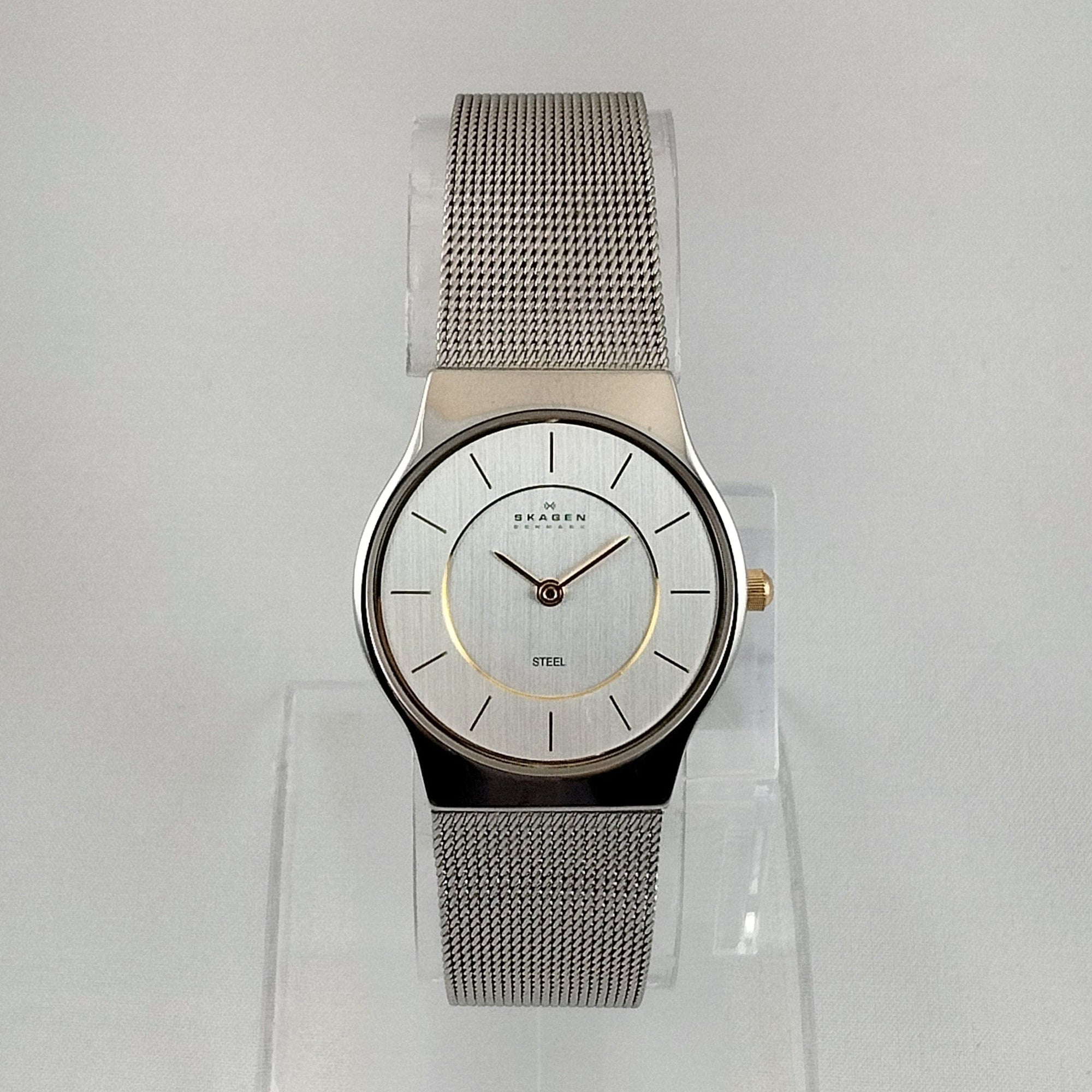 I Like Mikes Mid Century Modern Watches Skagen Unisex Stainless Steel Watch, Gold Tone Hour Markers, Hands and Crown, Mesh Strap