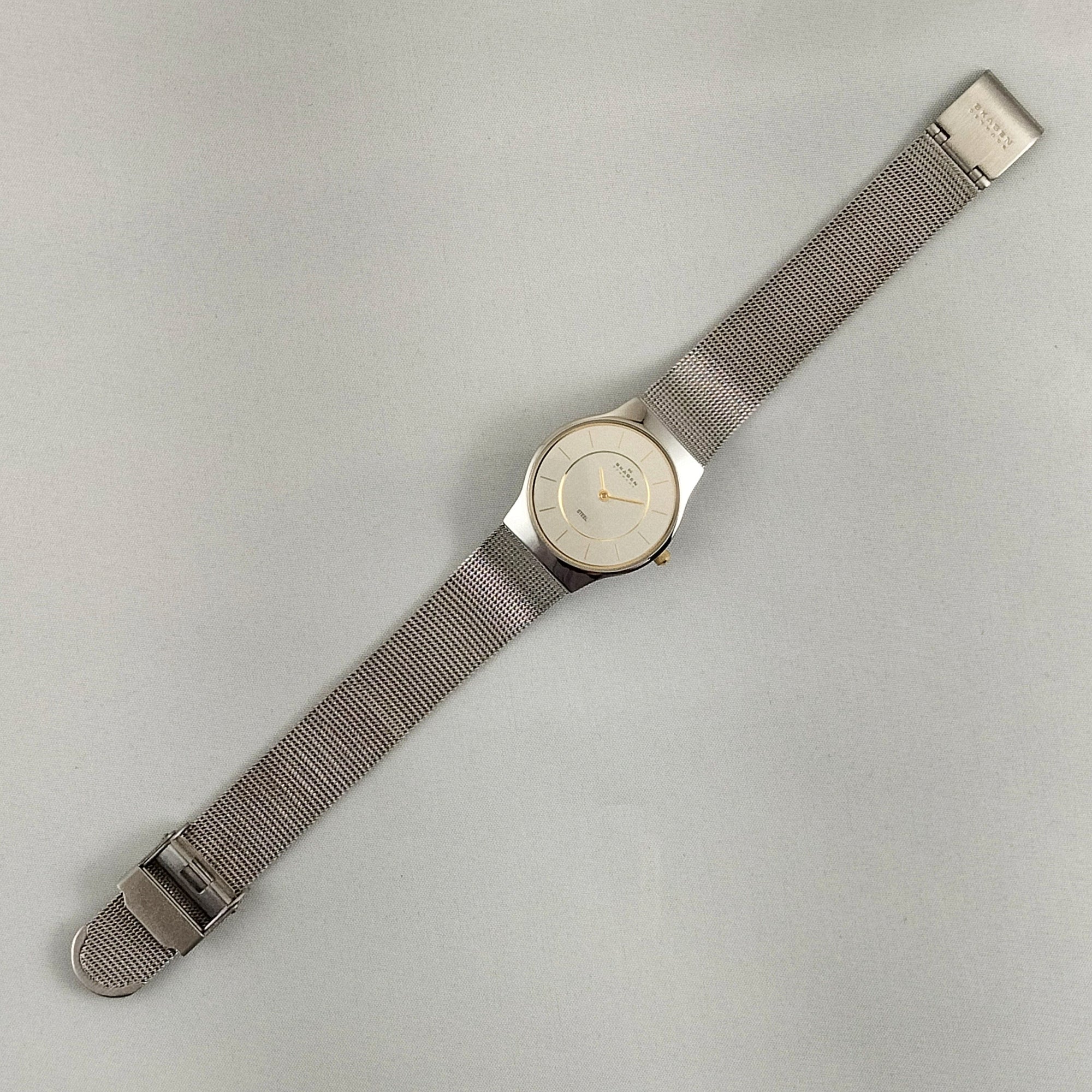 I Like Mikes Mid Century Modern Watches Skagen Unisex Stainless Steel Watch, Gold Tone Hour Markers, Hands and Crown, Mesh Strap