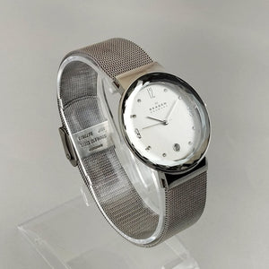 I Like Mikes Mid Century Modern Watches Skagen Unisex Stainless Steel Watch, Jewel Hour Markers, Faceted Face Frame, Mesh Strap