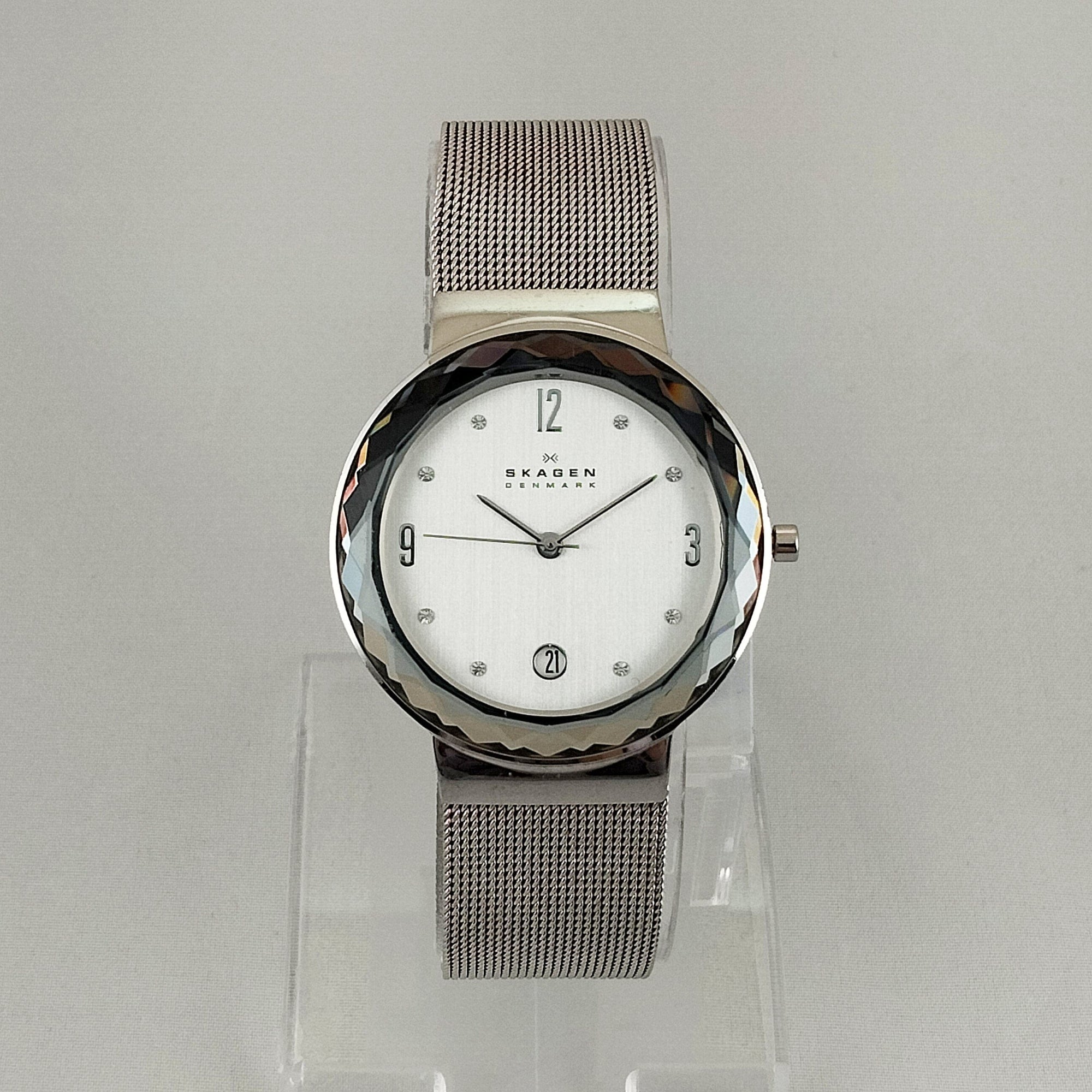 I Like Mikes Mid Century Modern Watches Skagen Unisex Stainless Steel Watch, Jewel Hour Markers, Faceted Face Frame, Mesh Strap