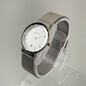 I Like Mikes Mid Century Modern Watches Skagen Unisex Stainless Steel Watch, Jewel Hour Markers, Faceted Face Frame, Mesh Strap